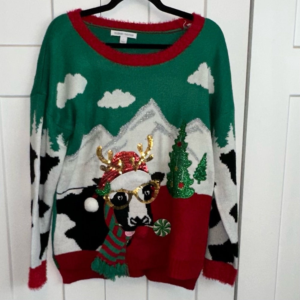 Celebrate Together Green and Red Crew Neck Sweater with Whimsical Design